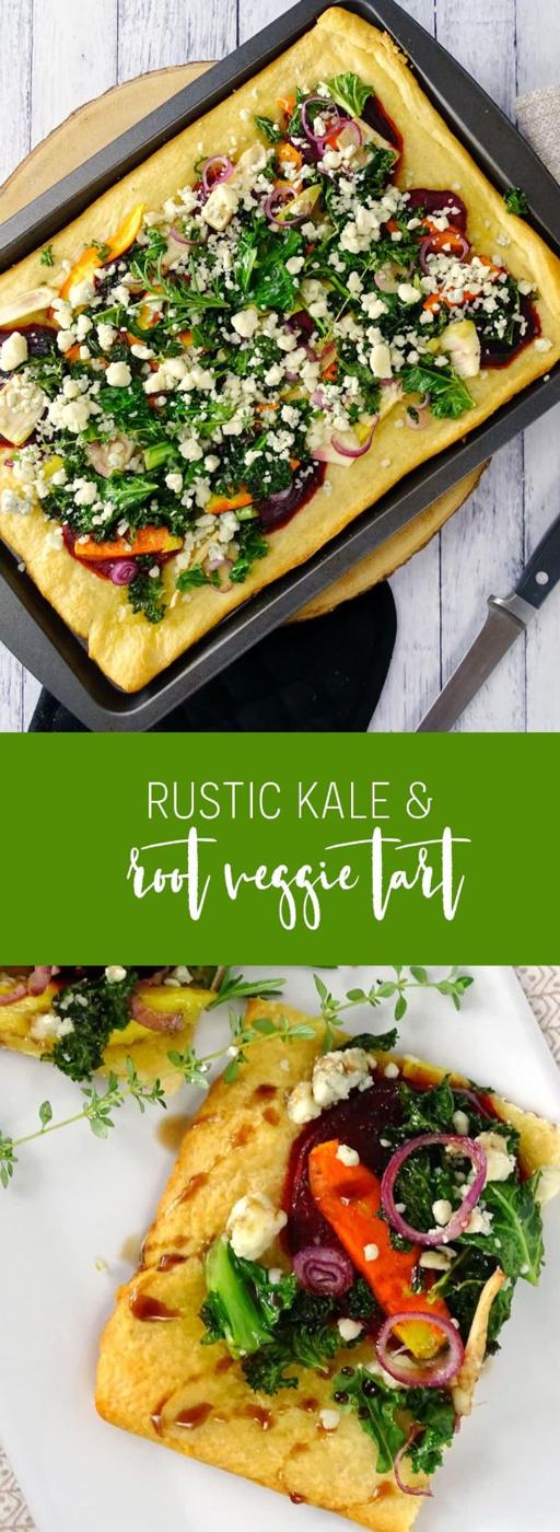 Two panel pin for a rustic kale and root veggie tart topped with beet rounds, carrot strips and crumbled cheese