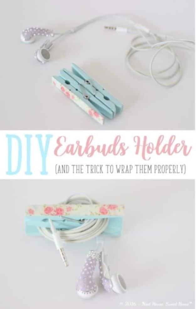 Earbud holder sewn small enough to clip onto a bag or keychain ring for a quick and practical upgrade around the house