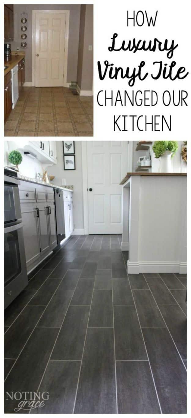 DIY kitchen flooring, gray grouted luxury vinyl tile in a white kitchen, shown before and after over old linoleum