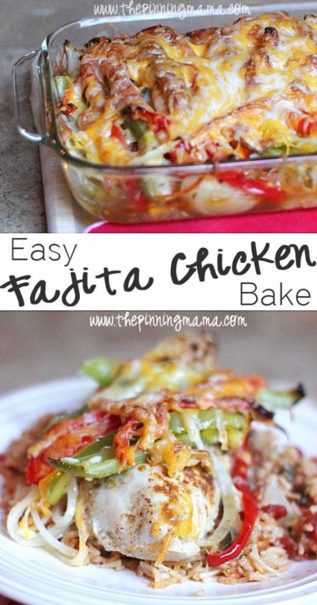 Easy fajita chicken bake with sliced bell peppers, red onion and melted shredded cheese in a dish baked in one dish
