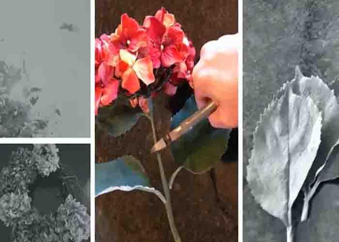 Cutting the leaves off the hydrangea to make the wreath