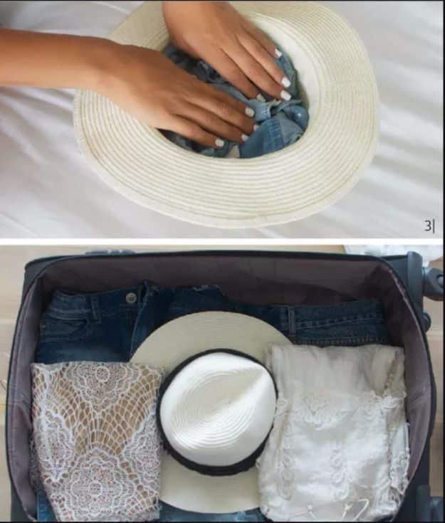Packing Tips for Travel - Properly Pack A Hat - Easy Ideas for Packing a Suitcase To Maximize Space - Tricks and Hacks for Folding Clothes, Storing Toiletries, Shampoo and Makeup -