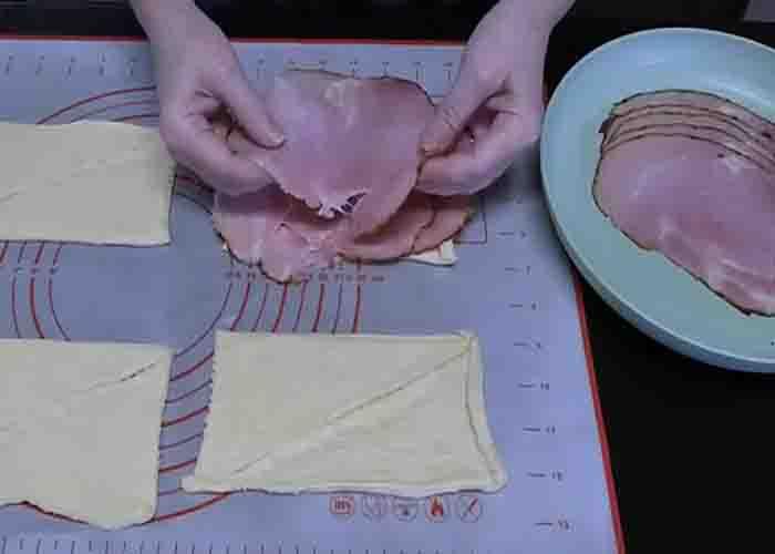 Assembling the ham and cheese crescent sticks