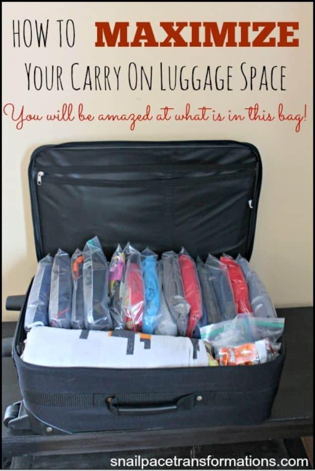Graphic reading How to Maximize Your Carry On Luggage Space over a black bag packed full of clear bundled clothes