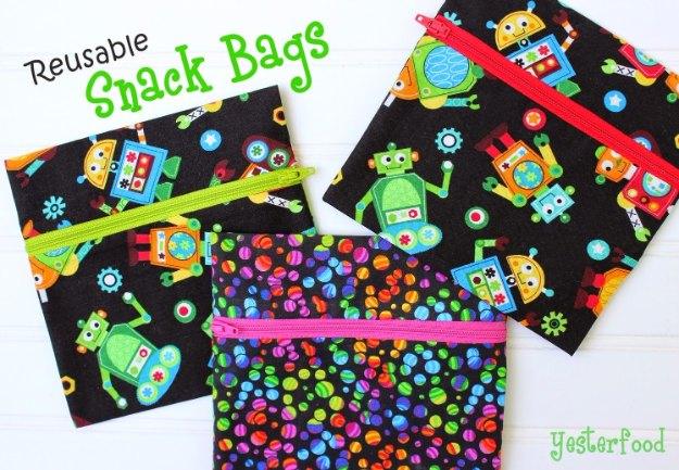Reusable snack bags, a home sewing project with robot print zippered fabric bags lined for lunches and snacks