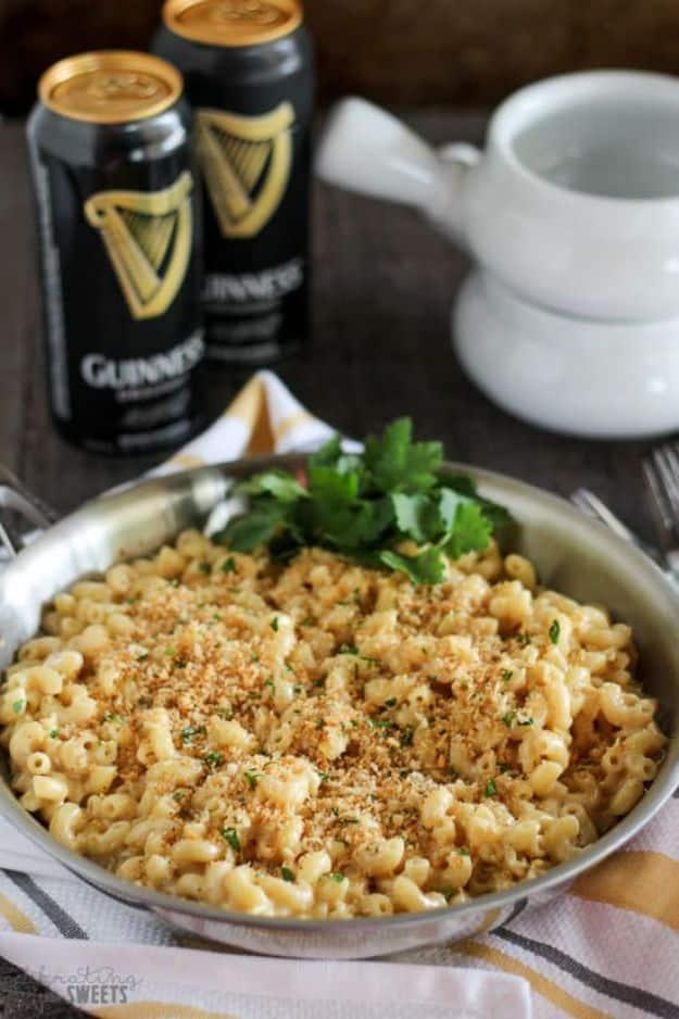 Stovetop Guinness and Irish cheddar macaroni and cheese in a skillet with toasted garlic breadcrumbs on top
