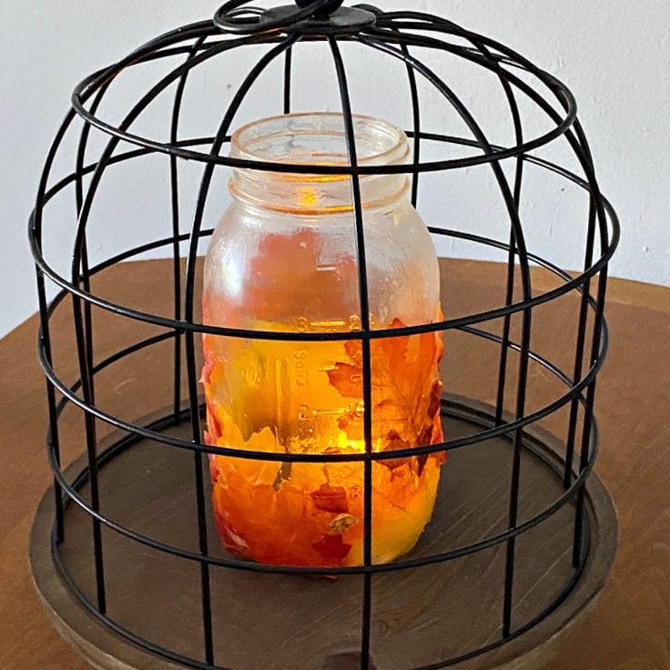 Mason jar lantern with pressed orange leaves mod podged around the glass, glowing inside a black wire cloche