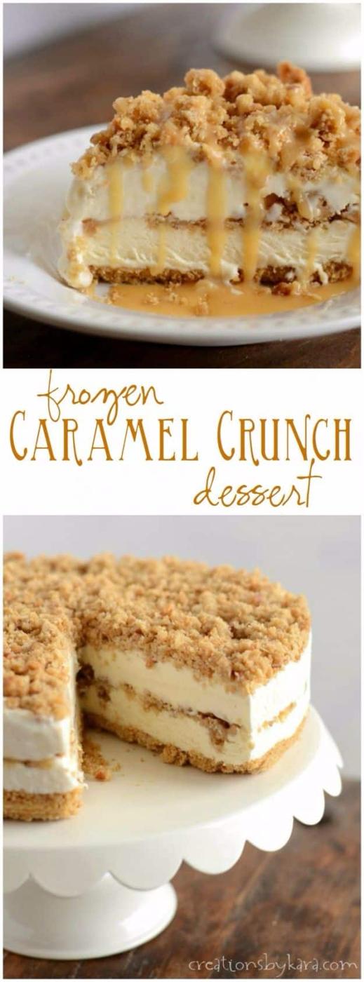 Slice of frozen caramel crunch torte with cream layers and oat crumb beside the whole torte on a stand
