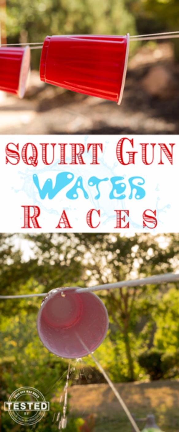 Squirt gun water races course with red plastic cups threaded on a string line stretched across a sunny backyard