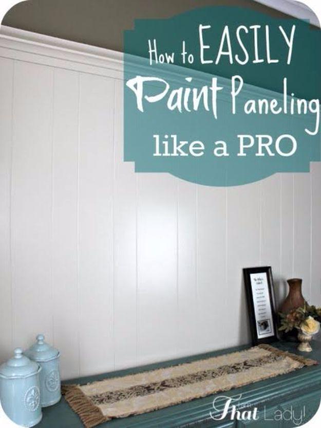 How to Easily Paint Paneling Like a Pro graphic over a white painted paneled wall with blue ginger jars below