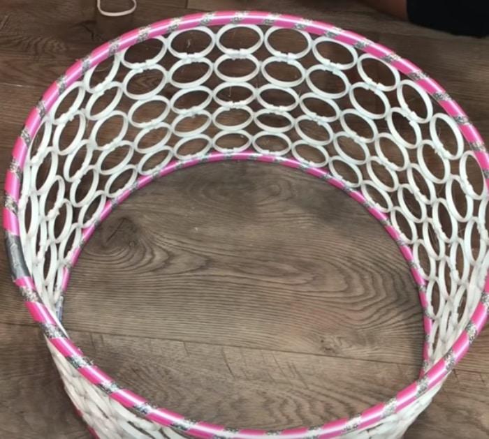 Make a coffee table with shower curtain rings and a hot glue gun