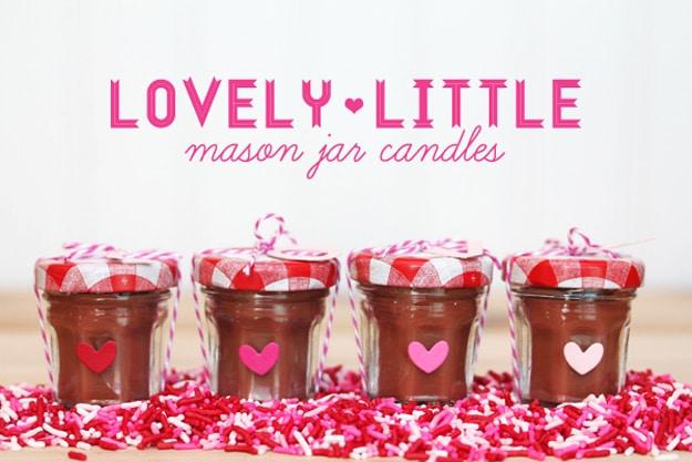 Mini mason jars poured as chocolate scented candles with wicks centered, a handmade Valentine gift for Valentine's decorating