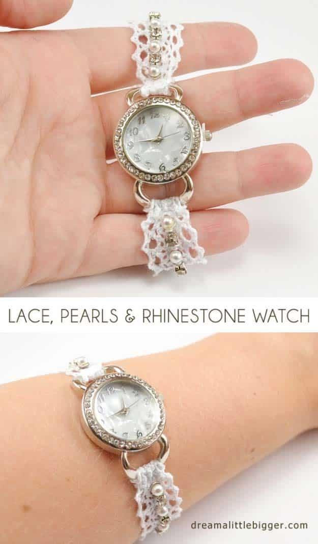 Lace pearl and rhinestone watch, a silver watch on a narrow beaded lace strap held in a palm above and worn below
