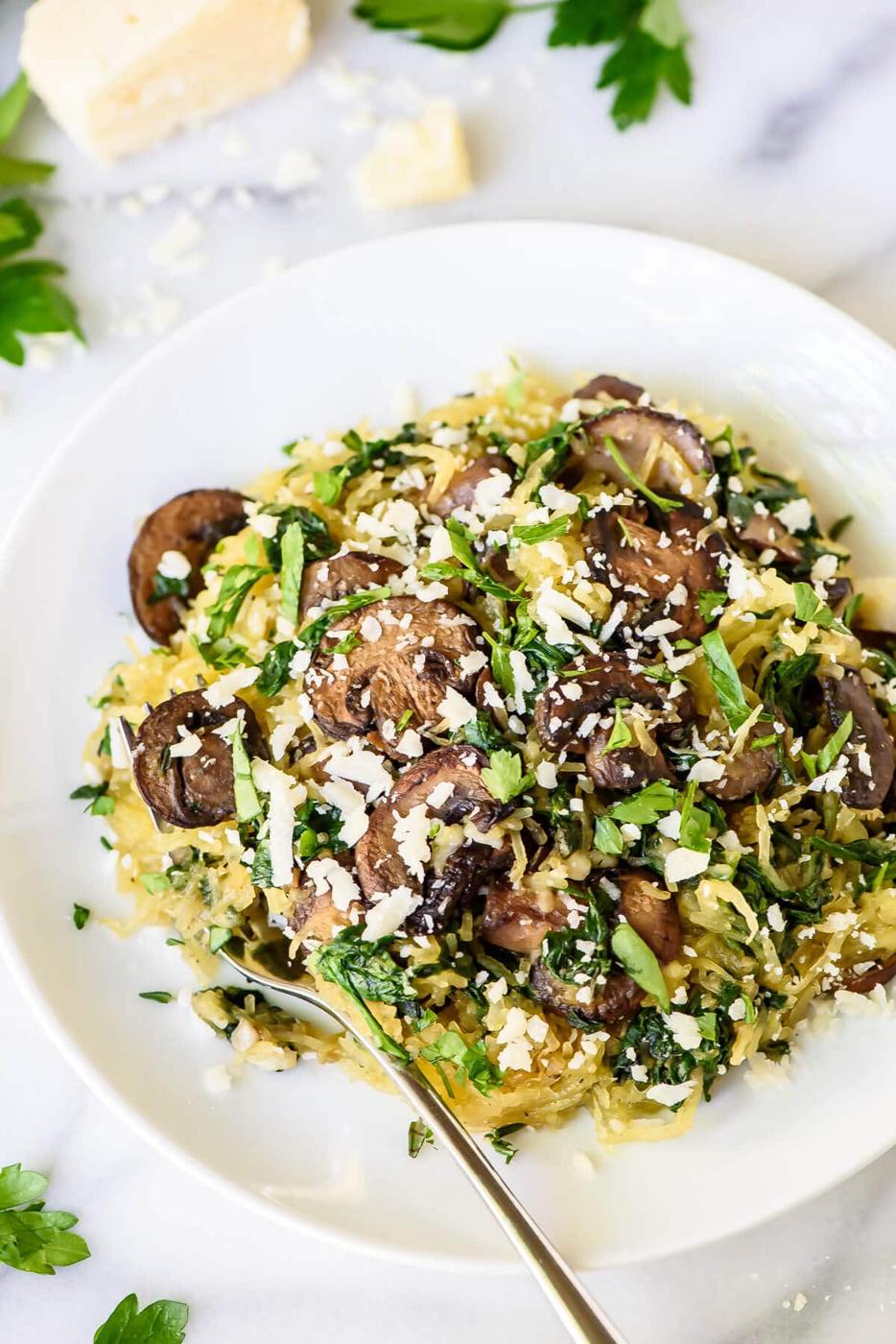 Roasted Spaghetti Squash with Parmesan Mushrooms, a lighter weeknight dinner, simple to prep ahead for a crowd