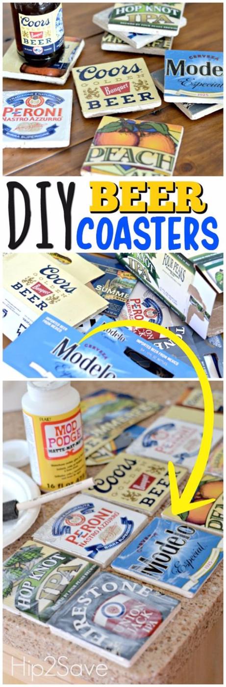 DIY Beer Coasters, budget friendly using stuff already sitting in a bin and a detail guests always ask about