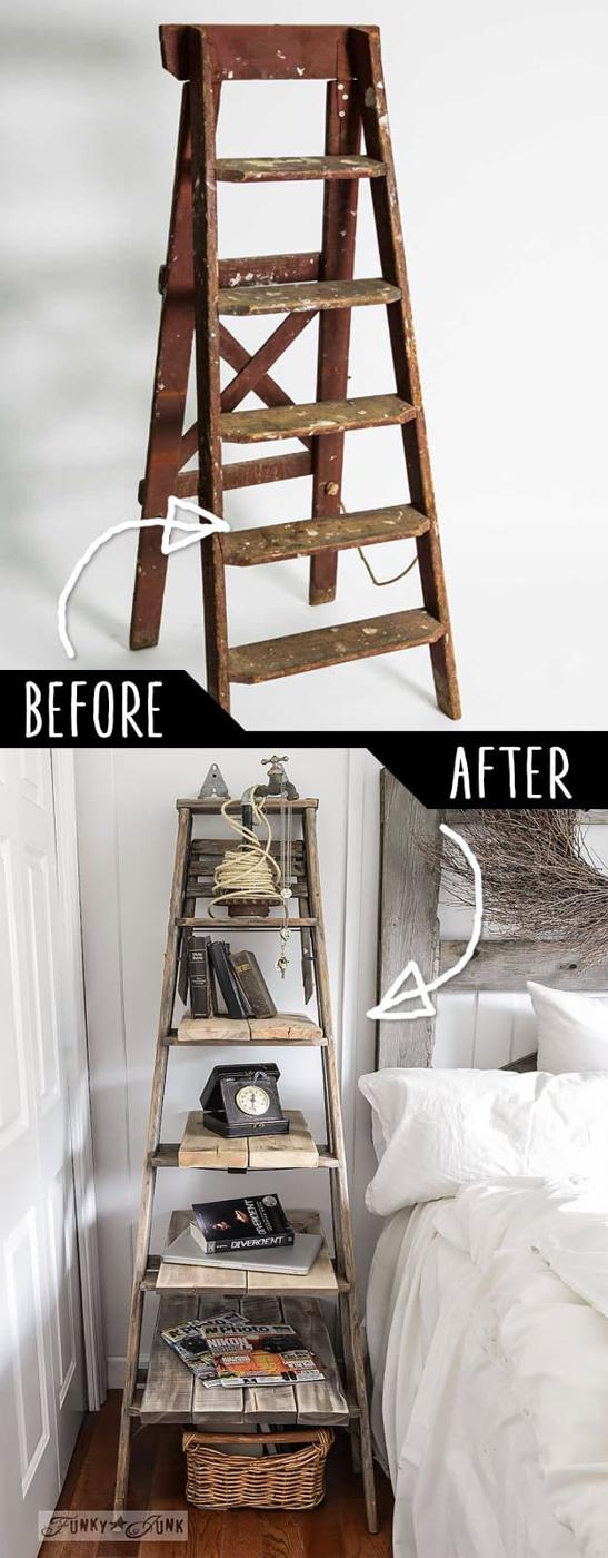 Before and after collage of a rust colored wooden stepladder above the same ladder hinged to a wall as a shelf unit