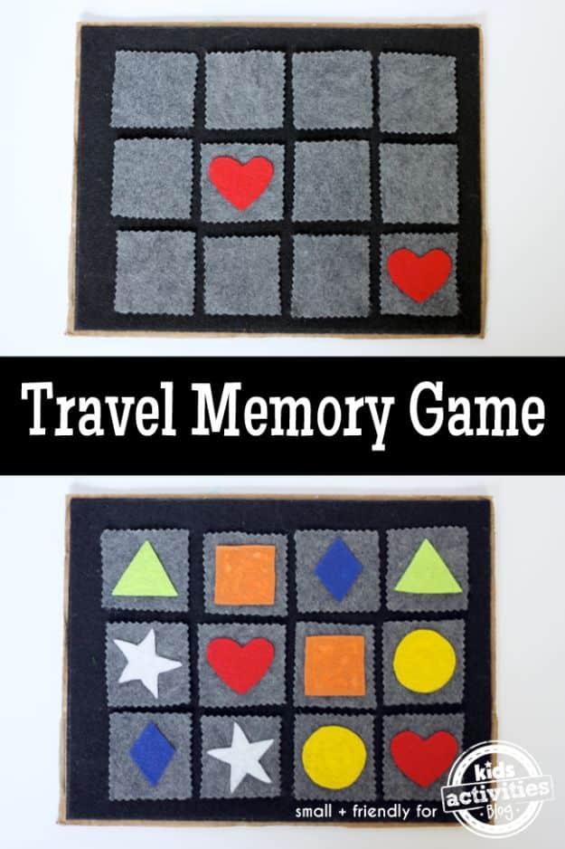 Travel memory game in felt, a gray grid on a dark mat with hidden hearts, stars, circles and triangles revealed