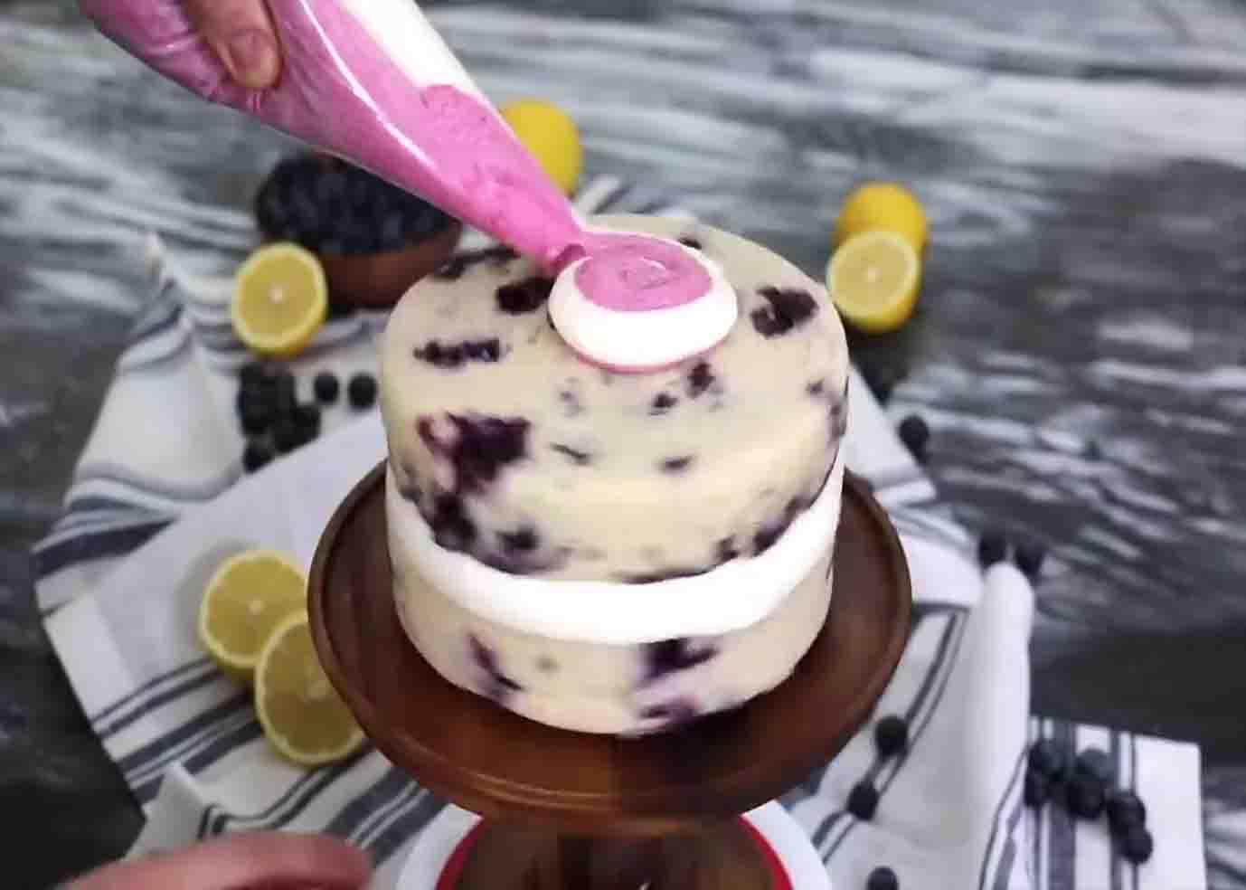 Assembling the blueberry lemon cake