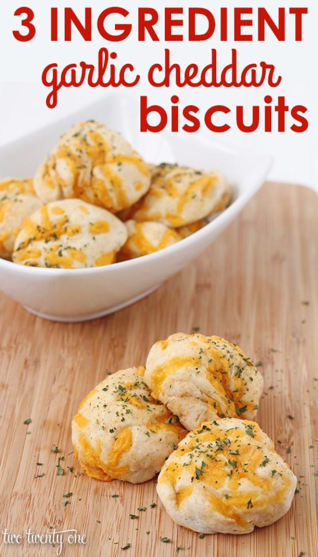 Three ingredient garlic cheddar biscuits in a white bowl, an easy 3 ingredient recipe for busy nights