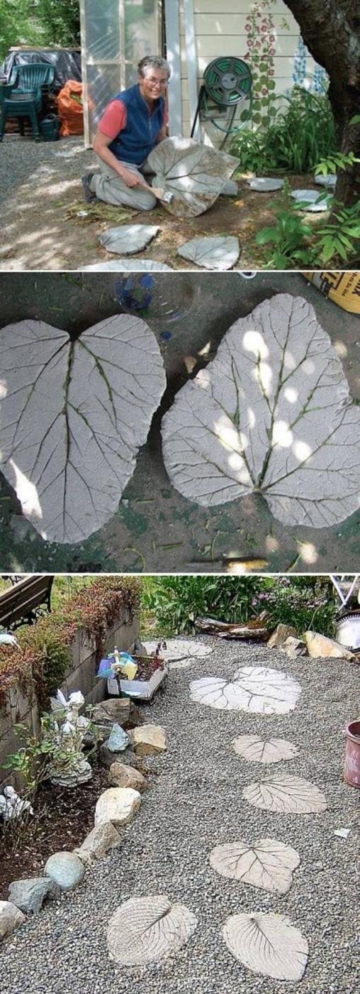 Collage of concrete stepping stones cast from rhubarb leaves, showing every vein, and the finished path