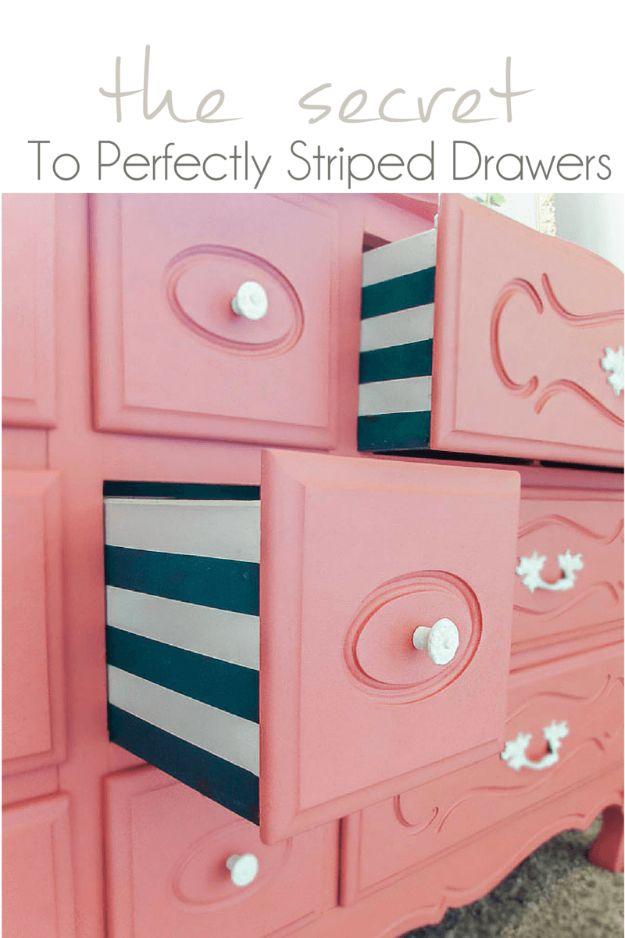 Perfectly Striped Dresser Drawers, one of the best dresser makeover ideas on this list and a clever idea worth trying at home