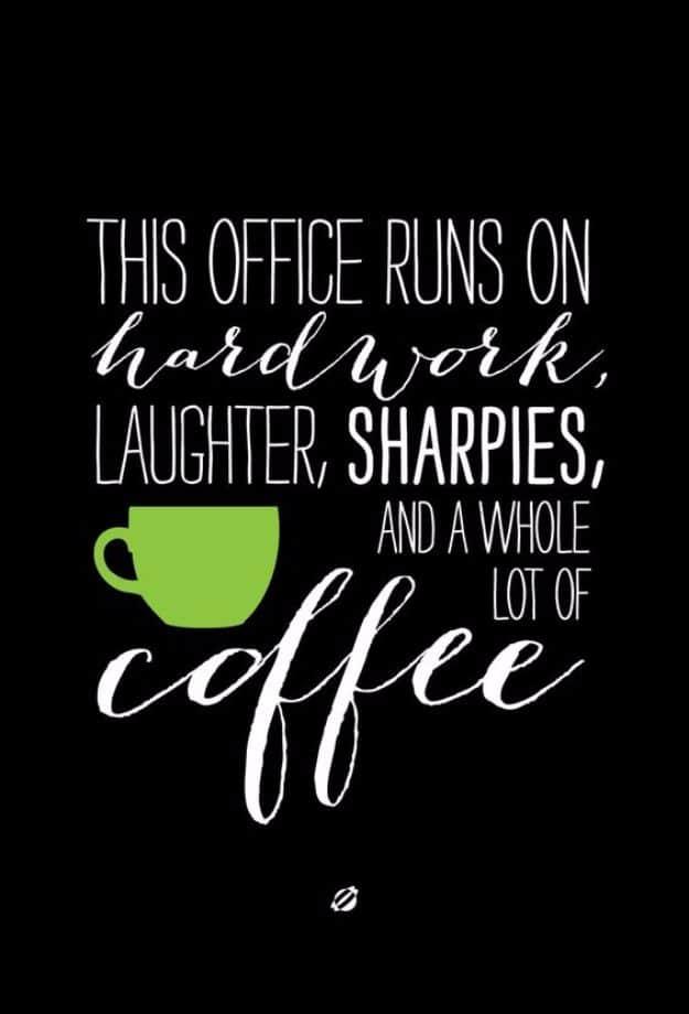 Free office printable wall art, white brush script and condensed capitals on a solid black background with a lime green