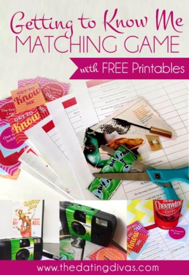 Getting to know me matching game printables for couples laid face down in rows for a Valentine date night