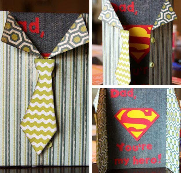 Superhero Father's Day card collage, a striped paper shirt and chevron tie opening to a Superman shield inside