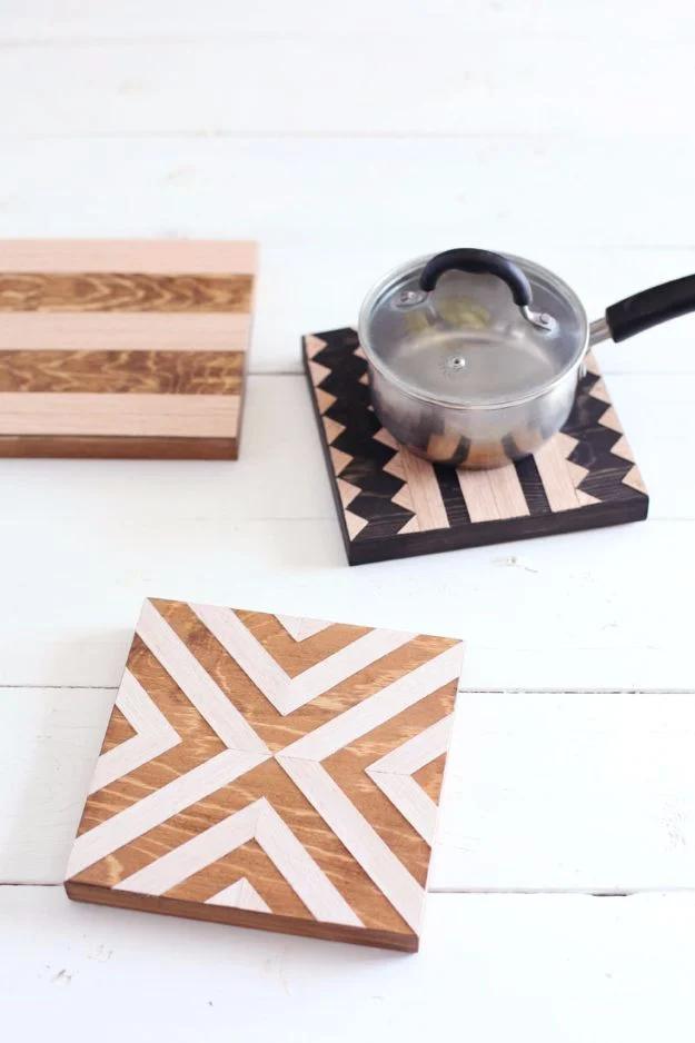 DIY Geometric Wood Trivets, a mothers day gift idea, a thoughtful homemade option instead of a store gift