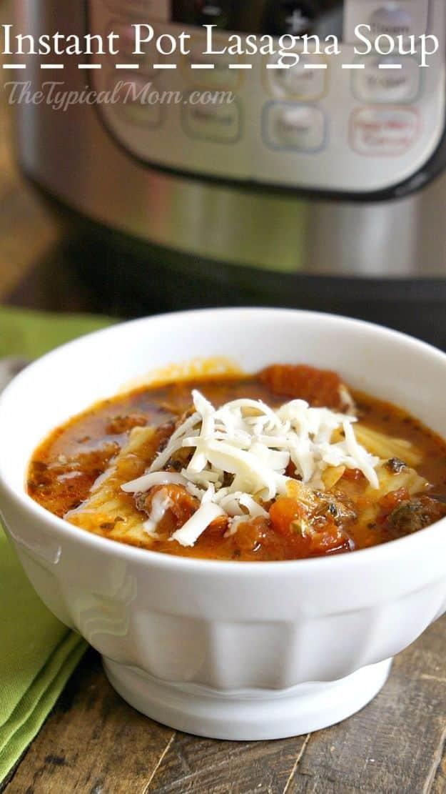 Graphic reading Instant Pot Lasagna Soup over an instant pot and a white bowl of tomato soup topped with shredded mozzarella