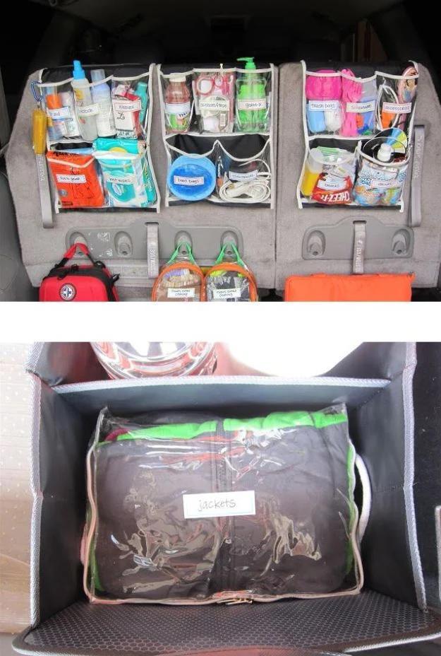 Trunk organization, three labeled hanging pocket panels across the back of a car seat above a tote with a jackets cube
