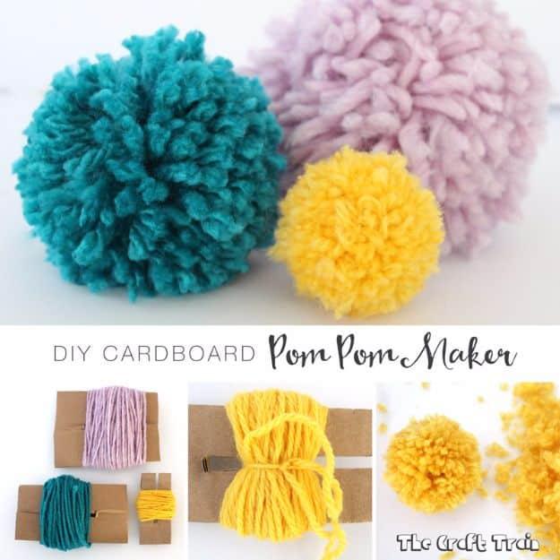 Cardboard craft pom pom maker collage with teal pink and yellow pom poms above cardboard rectangles wrapped in yarn