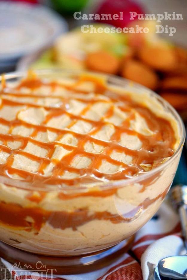 Typeset graphic titled Caramel Pumpkin Cheesecake Dip, a glass trifle bowl of pale orange dip with caramel lattice