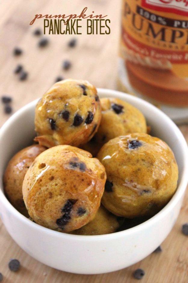 Typeset graphic titled pumpkin pancake bites, a bowl of syrup drizzled bites with a Libby's pumpkin can behind it