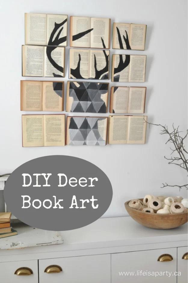 DIY deer book art graphic, a geometric deer head painted across twelve open books hung in a grid on a wall