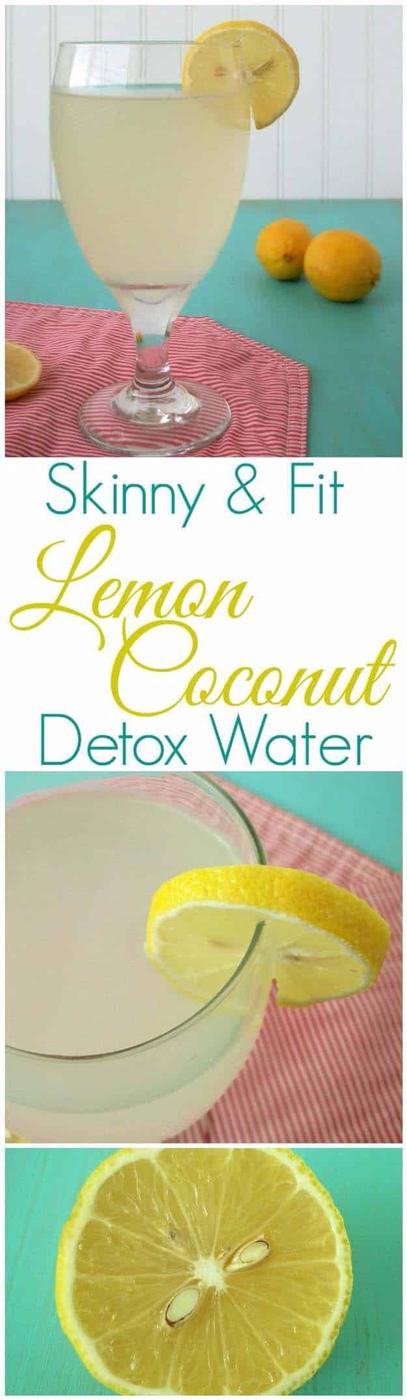 Lemon coconut detox water in a stemmed glass with a lemon wheel on the rim and whole lemons on a teal cloth