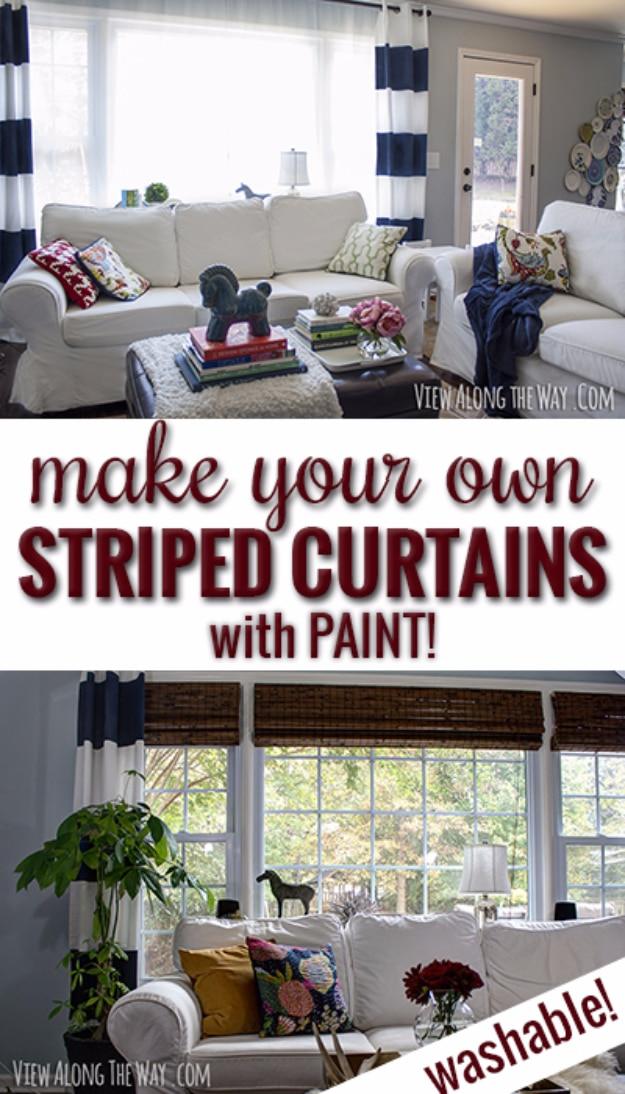 Pin collage of navy and white wide striped curtain panels in two living room views, with a typeset paint title