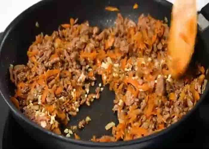 Sauteing the ground beef for the cabbage roll casserole
