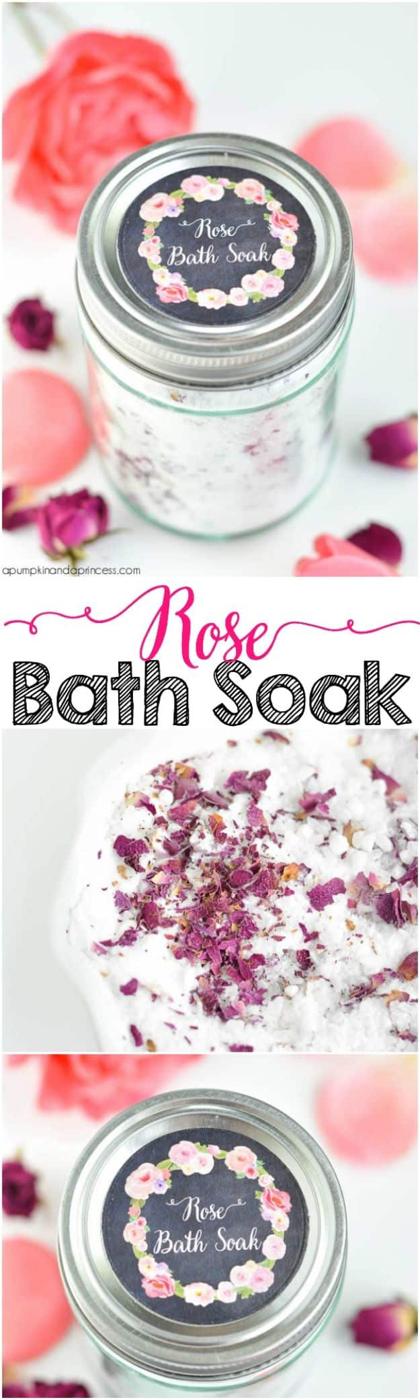 Rose petal bath soak in a mason jar of white bath salts with crushed dried rose petals and a chalkboard label