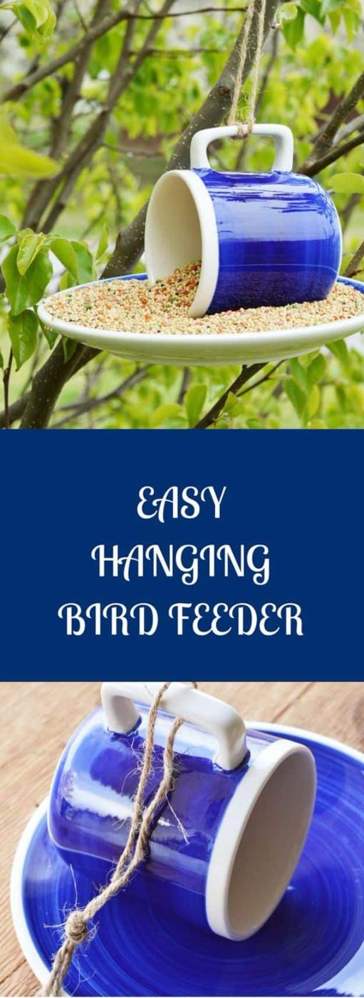 Cobalt blue mug tipped sideways on a saucer spilling pale seed, hung in a green tree above a close up of the pair