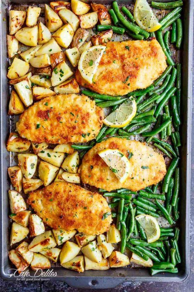 Sheet pan lemon Parmesan garlic chicken roasted together for a quick family favorite dinner for the whole family