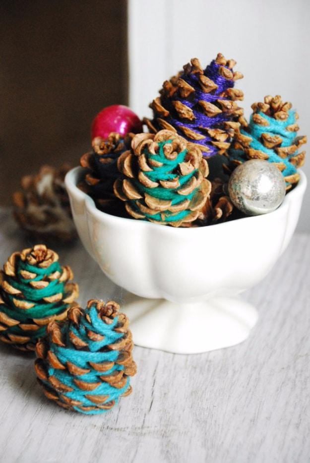 Yarn Pine Cones Centerpiece, a fun DIY yarn craft worth trying this weekend and a pretty accent piece for a shelf or wall