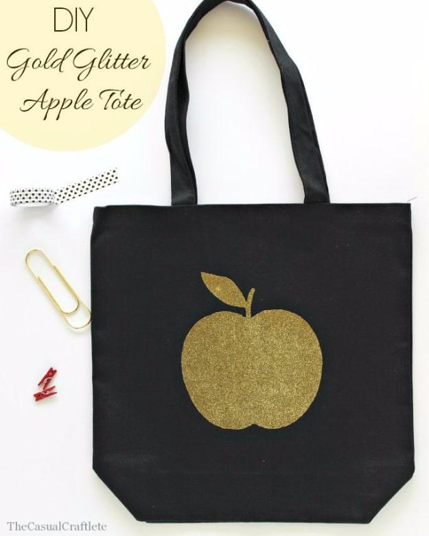 DIY Gold Glitter Apple Tote, simple to scale up or down as needed and better looking than a store bought version