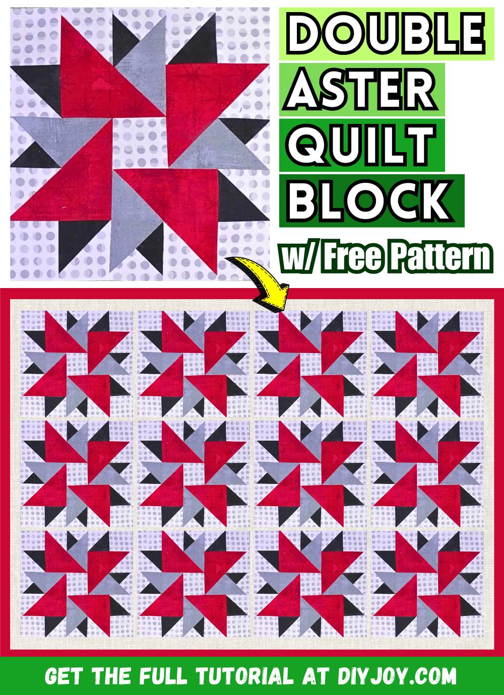 Easy double aster quilt block tutorial with free pattern, the finished quilt block showing its aster shape