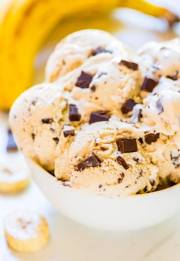 Homemade banana ice cream with dark chocolate chips scooped into a dish, a creamy custard frozen dessert