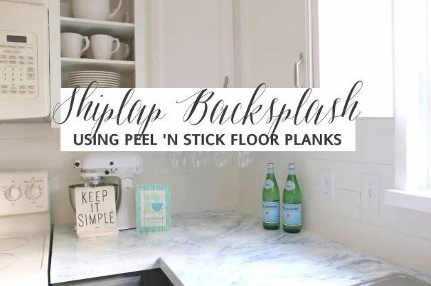 Typeset graphic reading Shiplap Backsplash Using Peel n Stick Floor Planks over a white plank backsplash and marble counter