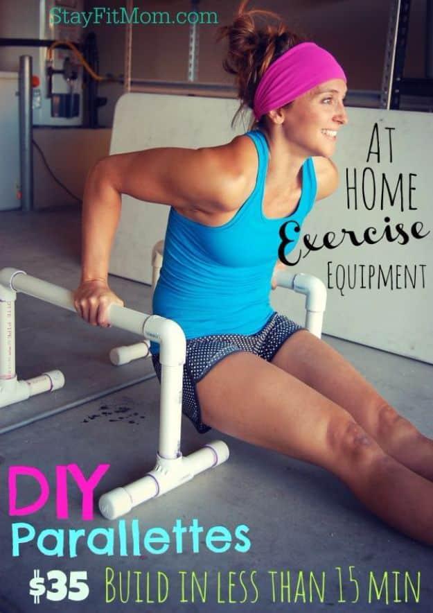 White PVC parallettes with a woman dipping between them, under a typeset At Home Exercise Equipment title