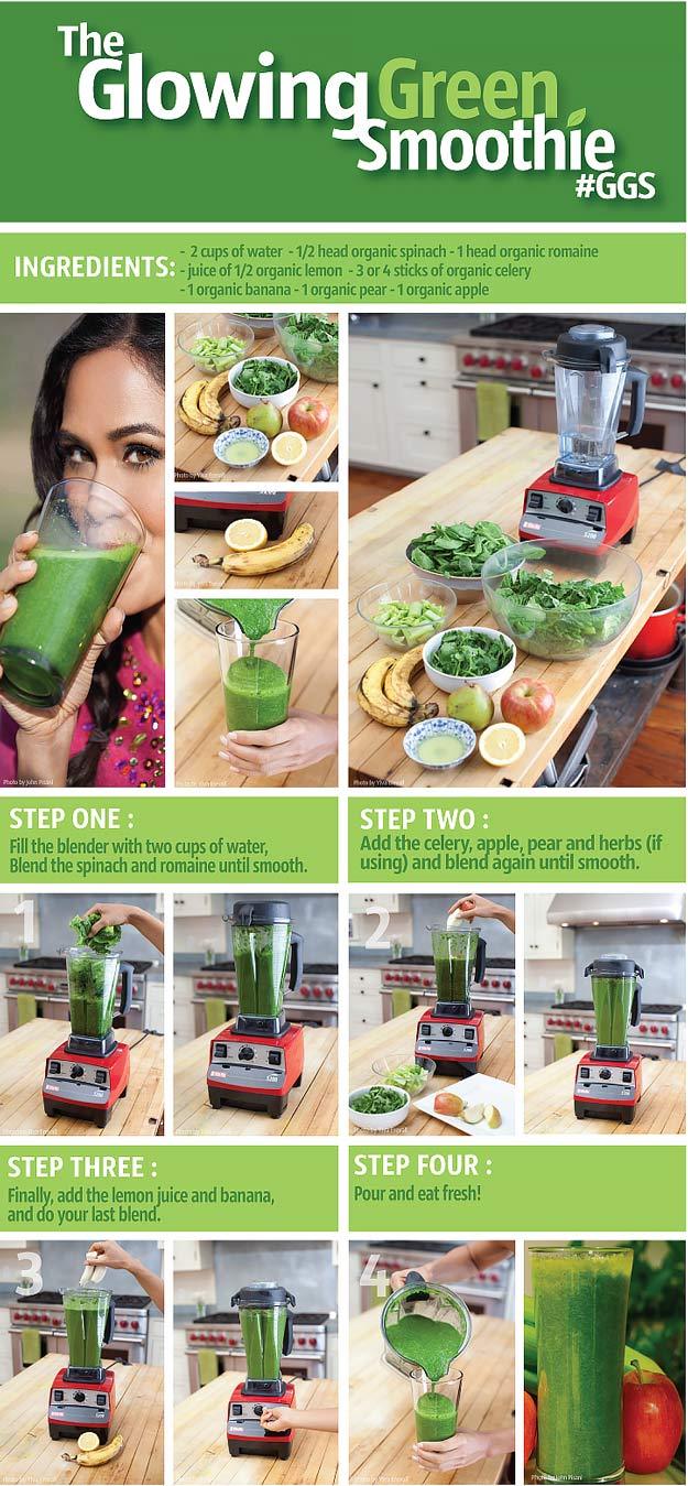 Glowing green smoothie blended with leafy greens, fruit and lemon for a nutrient dense everyday drink