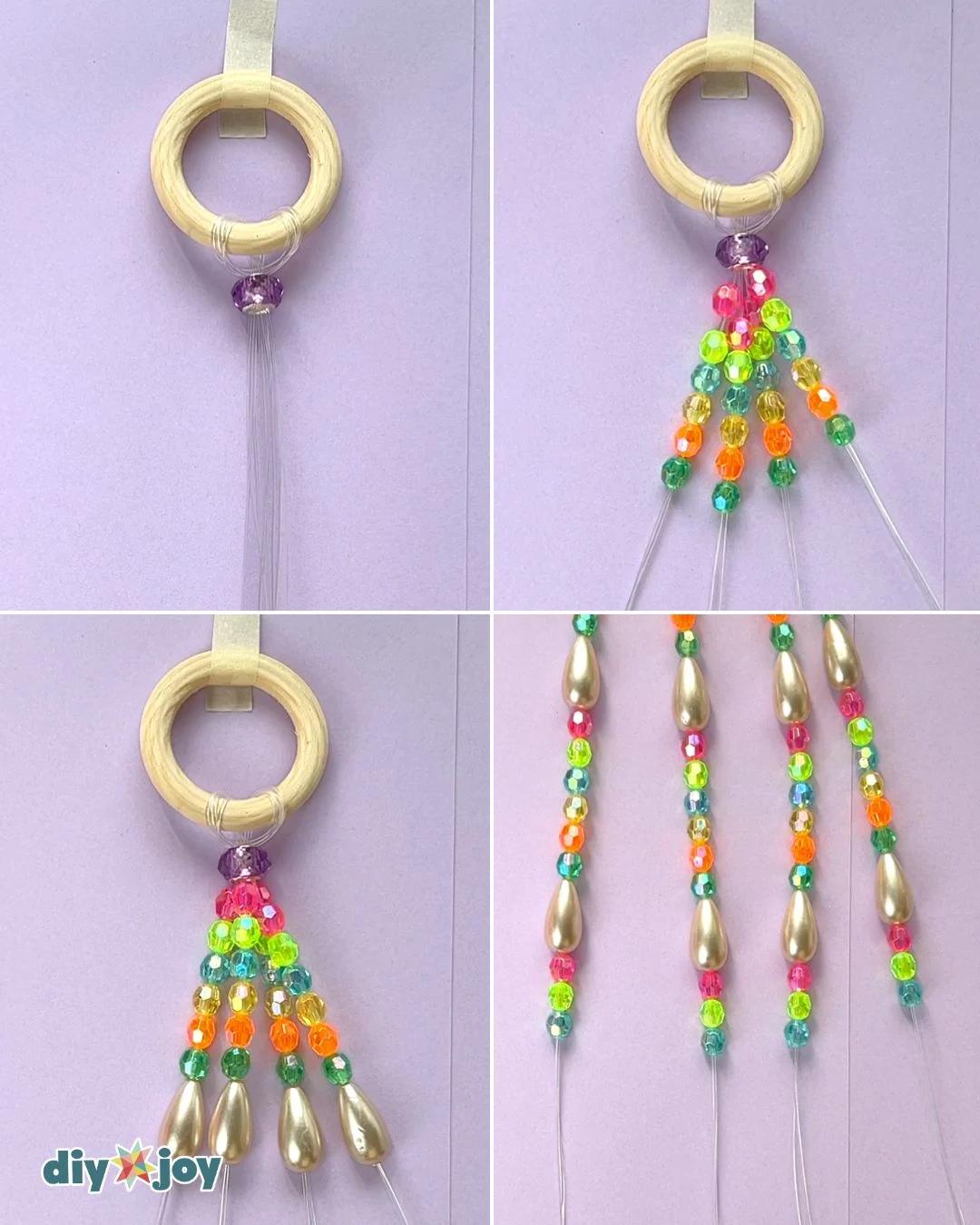 A beaded plant hanger holding a small potted plant, made from glass beads knotted onto eight strands of fishing line