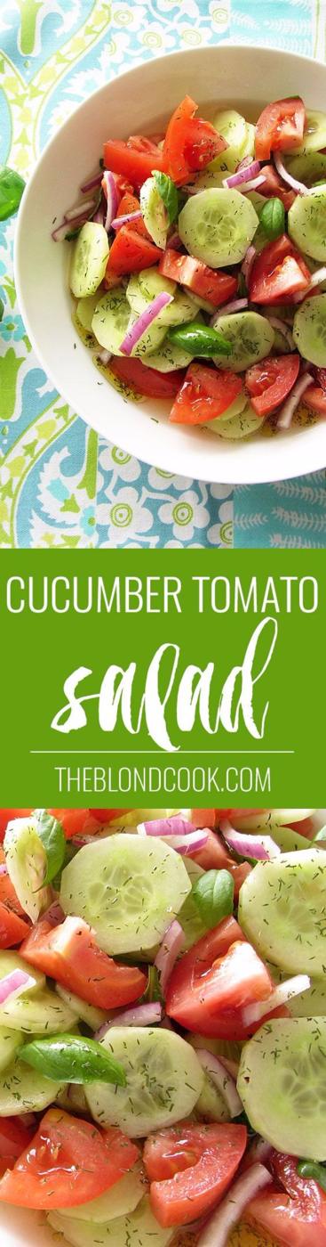 Cucumber tomato salad in a white bowl, sliced cucumbers, chopped roma tomatoes, red onion and fresh herbs